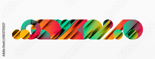 Abstract colorful design features overlapping geometric shapes. Vibrant hues create dynamic visual texture. Modern aesthetic.