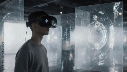 Person wearing VR headset in a modern art exhibit.  Abstract displays surround them