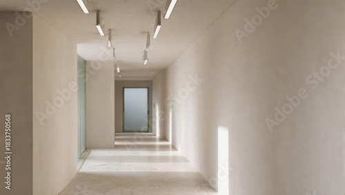 A long, light-filled hallway with minimalist design
