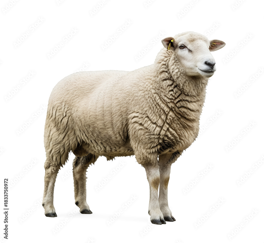 Fototapeta premium Sheep standing calmly, soft wool texture, studio lighting, transparent