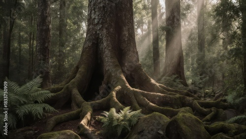 Sunlight streams through a misty forest, illuminating massive tree roots