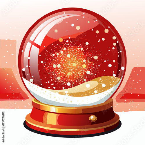 Vibrant Red and Gold Snow Globe Vector Illustration: Sparkling Holiday Magic, Glittering Christmas Decoration, Festive Winter Souvenir, Perfect for Seasonal Greeting Cards and Banners.
