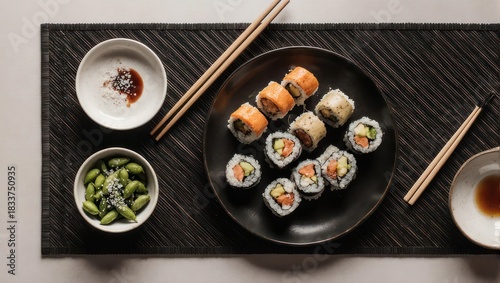 Sushi platter with assorted rolls, chopsticks, and dipping sauces on a dark placemat