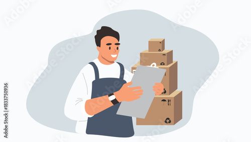vector illustration in flat style. delivery man and stacks of boxes