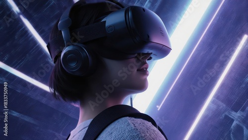 A person wearing a VR headset, immersed in a futuristic, neon-lit environment