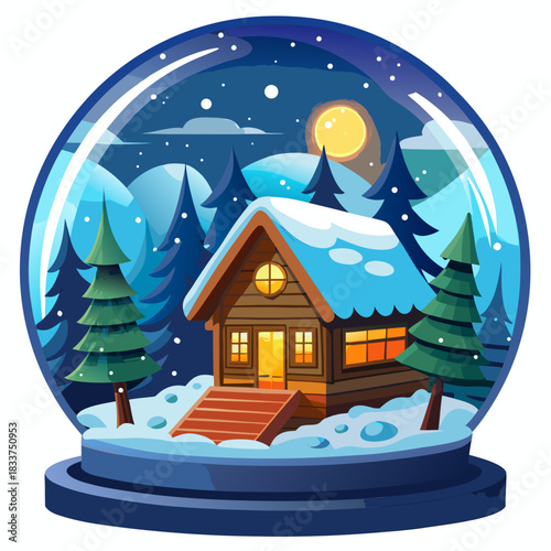 Magical Winter Night Snow Globe Vector Illustration: Cozy Log Cabin Retreat Under the Full Moon in a Snowy Forest, Ideal Christmas Decoration and Holiday Season Design Element.