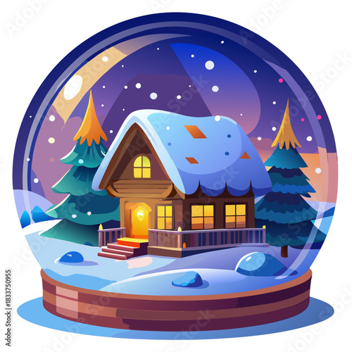 Enchanting Christmas Snow Globe Vector Art: A Warmly Lit Wooden Cabin and Snowy Forest Scene Under a Starry Winter Sky, Ideal for Holiday Greetings and Seasonal Decor.