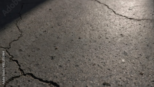 Close-up view of cracked gray concrete. Sunlit surface with shadows