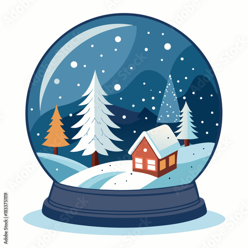 Charming Holiday Snow Globe Vector Illustration Featuring a Cozy Red House, Snowy Pine Trees, and Falling Snowflakes Inside a Glass Sphere, Great for Festive Seasonal Designs.