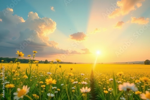 Golden Hour Meadow A Serene Sunset Over a Field of Blossoming Yellow Flowers and Daisies