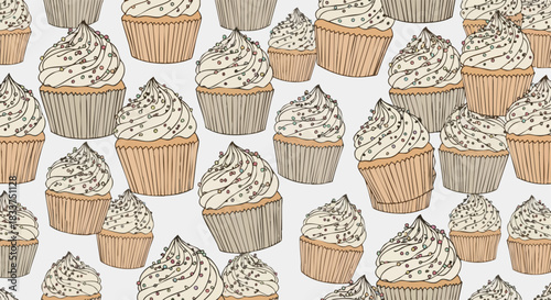 Many delicious cupcakes with creamy frosting and sprinkles.