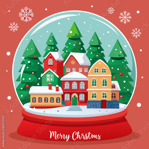 Festive Vector Snow Globe Illustration with Colorful Christmas Village and Snow-Covered Houses, Surrounded by Pine Trees on a Red Background, Perfect for Winter Holiday Cards and Greeting Designs.