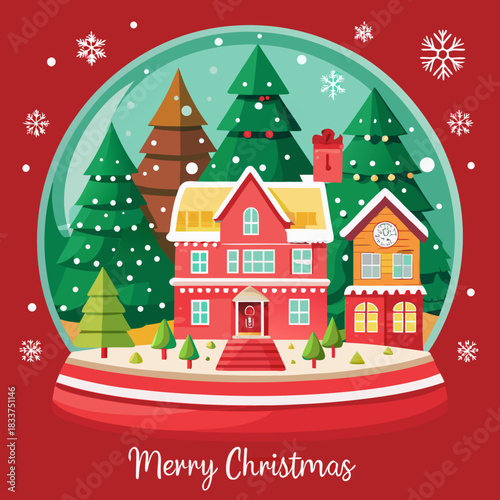 Charming Christmas Snow Globe Vector Art: Detailed Winter Village Scene with Red Houses, Evergreen Trees, and Falling Snow, Perfect for Holiday Cards and Festive Backgrounds.