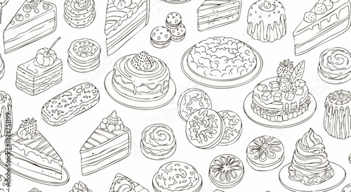 Assorted Cakes and Pastries Seamless Pattern in Black and White.