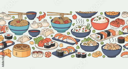 Delicious Japanese Cuisine - Sushi, Ramen, and Dumplings Illustration.