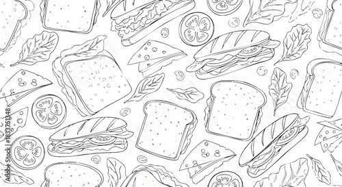 Line art drawing of sandwiches and ingredients.