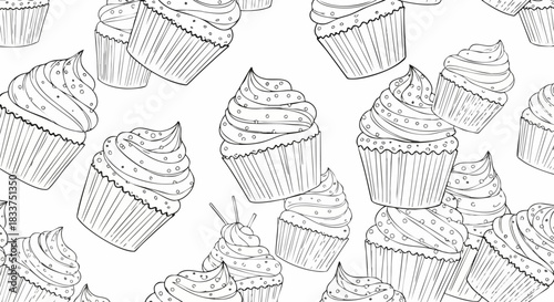 Hand drawn cupcakes pattern for coloring book design.