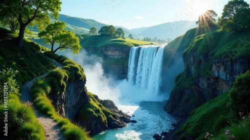 Serene Waterfall Cascading Down Lush Green Cliffs, a Picturesque Hiking Trail Winding Through Vibrant Flora, Sunbeams Illuminating the Scene