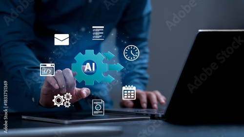 AI workflow automation and generative artificial intelligence concept. Businessman hand hold automation process chart. AI-driven efficiency, Robotics, algorithms, innovation, digital transformation.