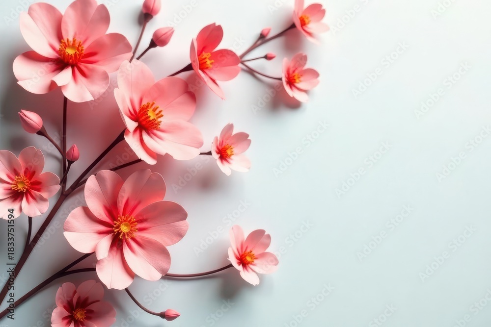 Fototapeta premium Delicate Pink Paper Flowers Arranged on a Light Blue Background, Creating a Charming and Elegant Floral Composition Perfect for Springtime Designs and Invitations