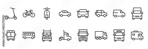 Collection of land transportation icon sets. Bicycles, motorbikes, cars and trucks. Vector illustration