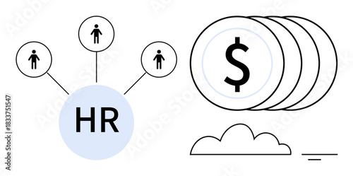 Human resource management. Concept showing employee connections and financial growth ed by network diagrams and dollar symbols. Human resource strategy, payroll, business growth HR analytics