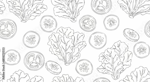 Seamless Pattern of Lettuce, Tomato, and Cucumber Slices in Outline Style.