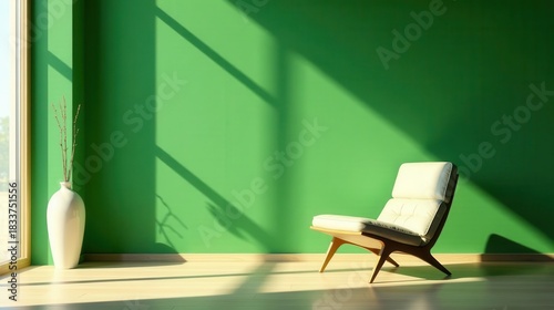 Serene interior scene featuring a light-colored armchair situated against a vibrant green wall bathed in sunlight, complemented by a minimalist vase with dried branches.