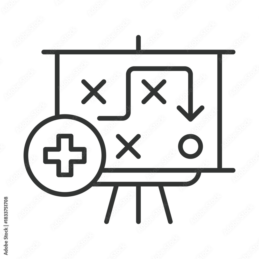 Obraz premium Health strategy, icon in line design. health strategy, planning, public health, policy, goals, tactics, diagram on white background vector. Health strategy editable stroke icon