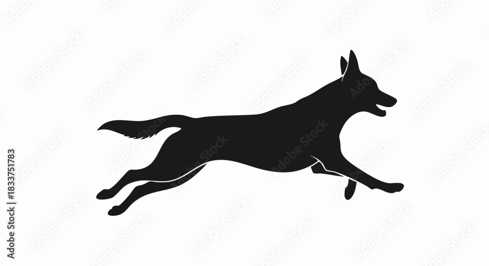 Obraz premium Silhouette of a running dog with its mouth open and tail up.