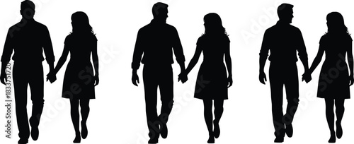 Three Silhouettes of Couples Holding Hands Walking Together illustration untitled