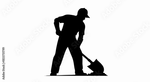 Silhouette of a construction worker digging with a shovel on white background.