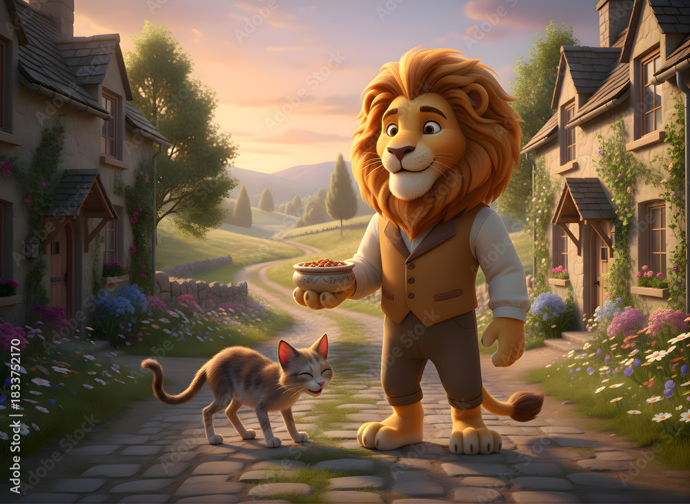 Obraz premium 3D Illustration Lion Feeding Cat Village Street Scene.