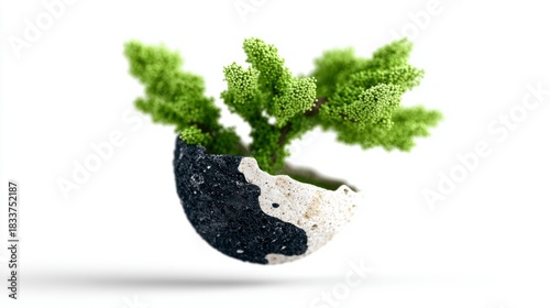 Small green plant growing out of a cracked spherical pot with black and white textures