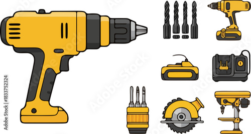 Vector illustration set of yellow power tools for construction and DIY projects. This collection features a large cordless drill.