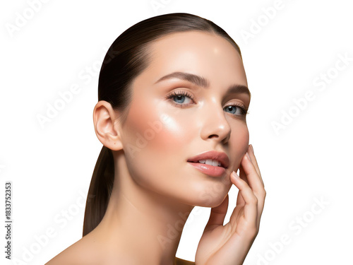 Young woman with glowing healthy skin touching face, beauty and wellness concept