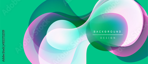 Abstract flowing shapes, vibrant colors, modern design. Turquoise background complements layered translucent forms. Minimalist aesthetic.