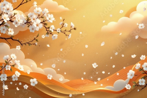 Abstract illustration of flowering branches and falling petals