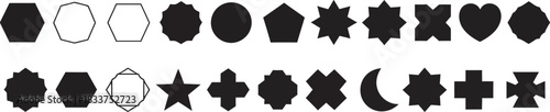 Geometric shapes collection featuring various stars, hearts, moons, circles, squares, and hexagons in outline and solid fill, perfect for design and education.