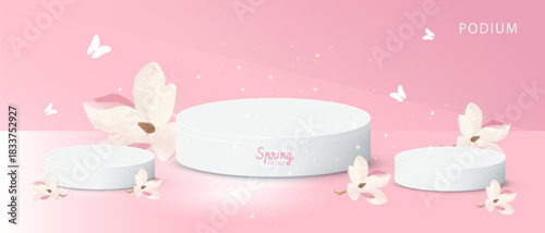 Elegant spring runway on a pink background with blooming magnolias and butterflies. For product presentation, beauty, fashion, and seasonal promotions. It features 3D images of white pedestals.
