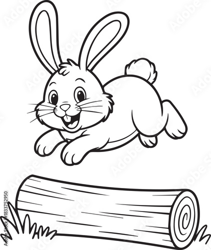 Animated happy rabbit leaps over a fallen log with grass outlines in a cartoon