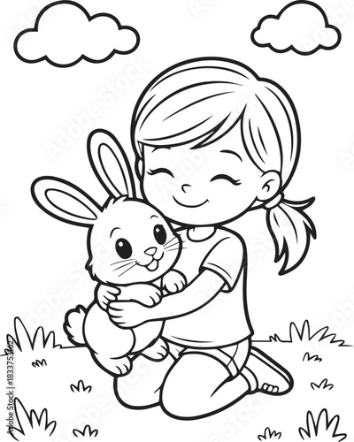 Girl kneeling and hugging cute rabbit while enjoying the outdoor scenery; outline on transparent background