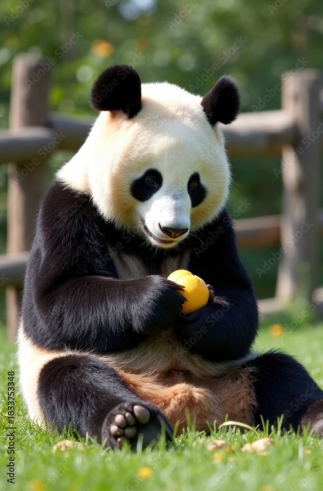 Naklejka premium Giant panda sitting outdoors eating food