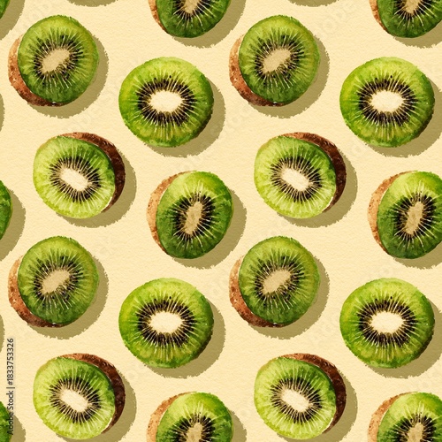 Close-Up of Sliced Kiwi Fruit in a Seamless Pattern on a Soft Yellow Background, Watercolor Style