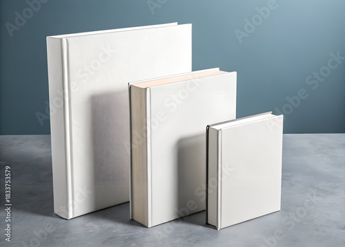 Three white hardcover books of varying sizes stand on a gray surface display