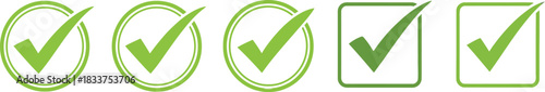 Set of five green checkmark icons, diverse styles for digital design, signifying completion, success, approval, or validation.