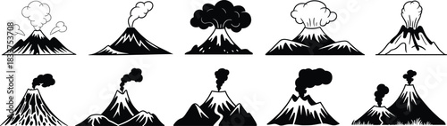 Volcano silhouette icon set, eruption and lava flow symbol collection, geology graphics, black white vector, cad drawing flat vector illustration