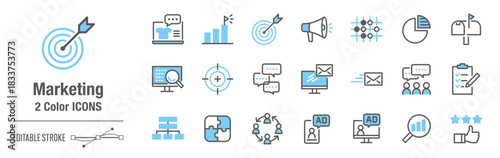カジュアルな２色・アイコンセット｜マーケティング、市場調査・分析、商品企画・開発、広告宣伝 [線の編集可能]