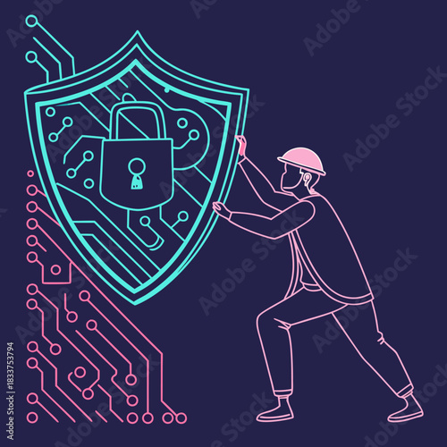 Digital Fortress: A determined individual fortifies a digital shield, safeguarding valuable data, symbolizing cybersecurity, protection, and network defense.