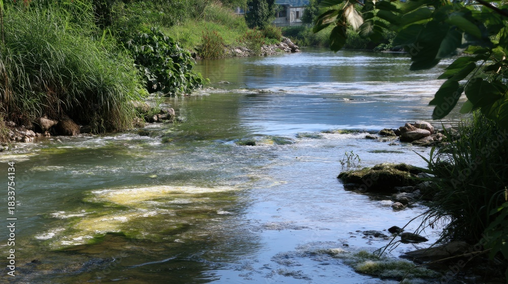 Obraz premium A river with a greenish tint and some rocks in the water. The water is calm and the sun is shining on it